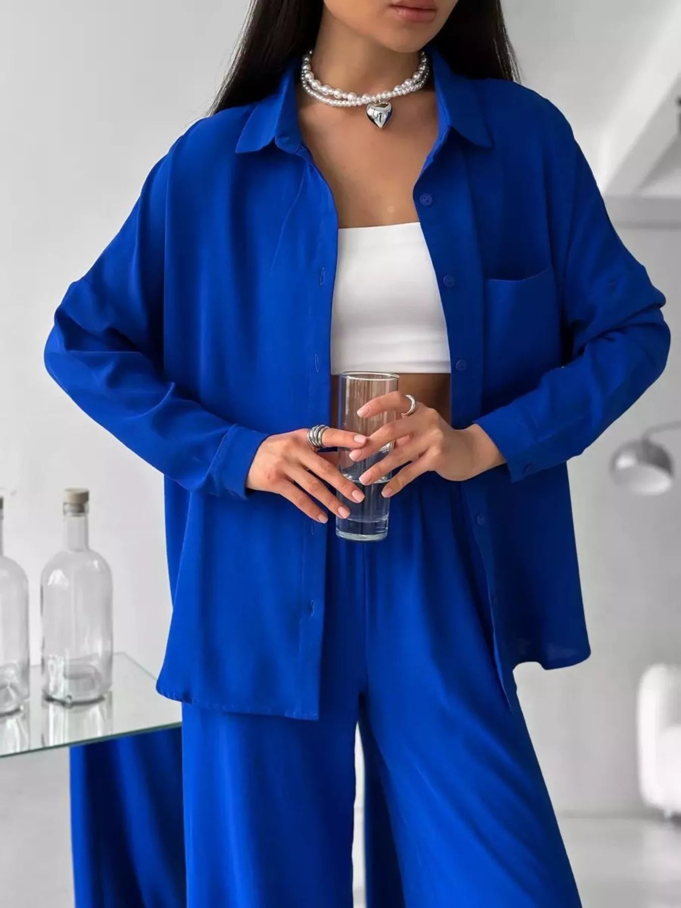 Royal blue relaxed-fit shirt and wide-leg pants set with button front and elastic waist