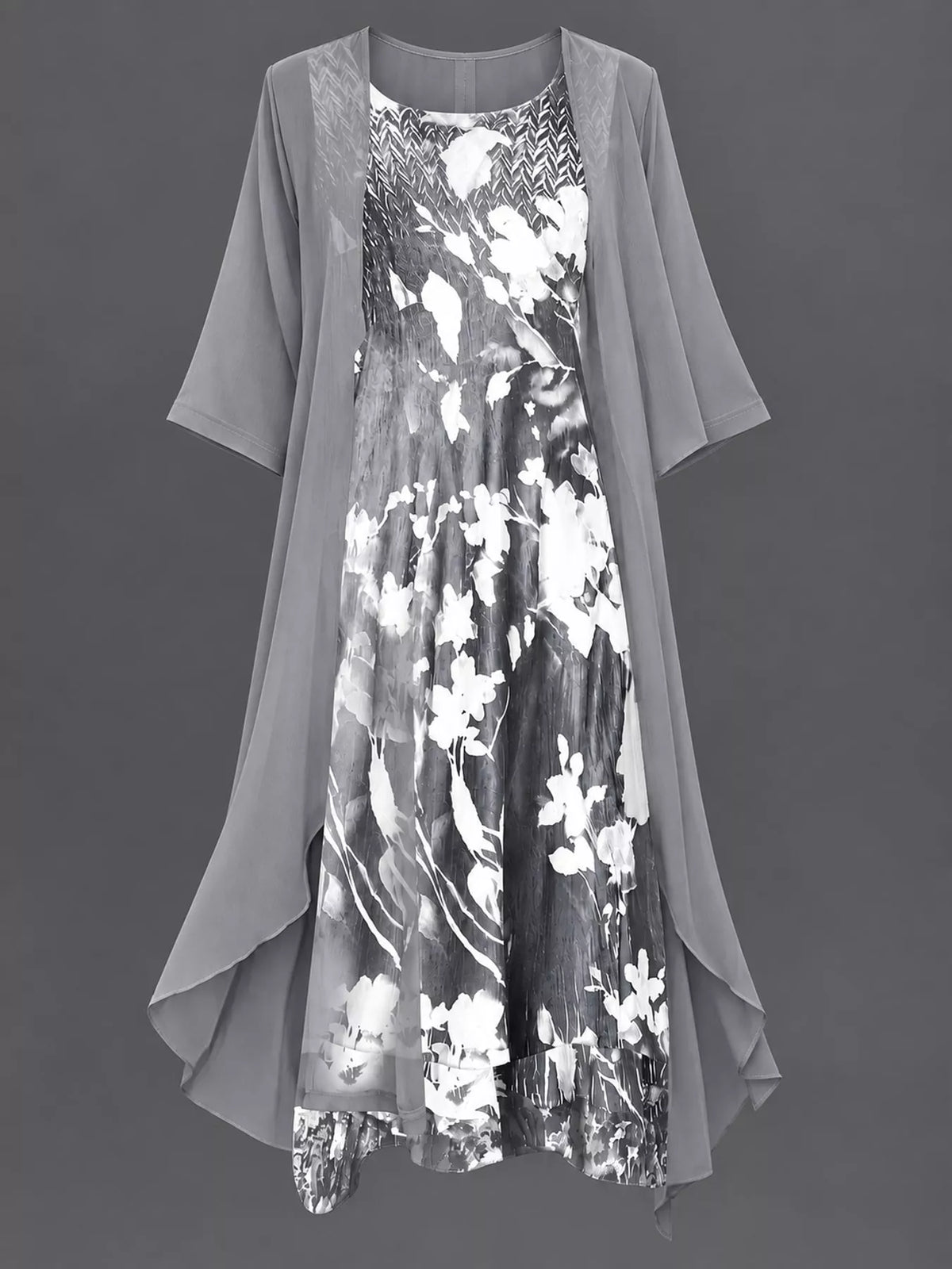 Floral dress and chiffon cardigan set with gray drape over black-and-white print