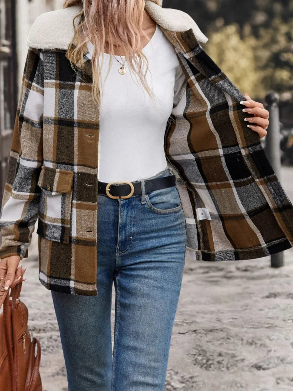 Camel plaid button-up jacket with sherpa collar and chest pockets