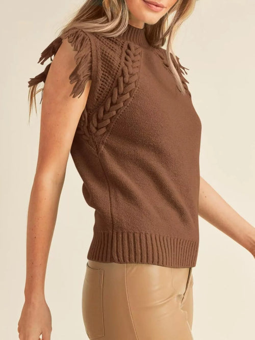 Brown sleeveless knit sweater top with braided panel and fringe trim at shoulders