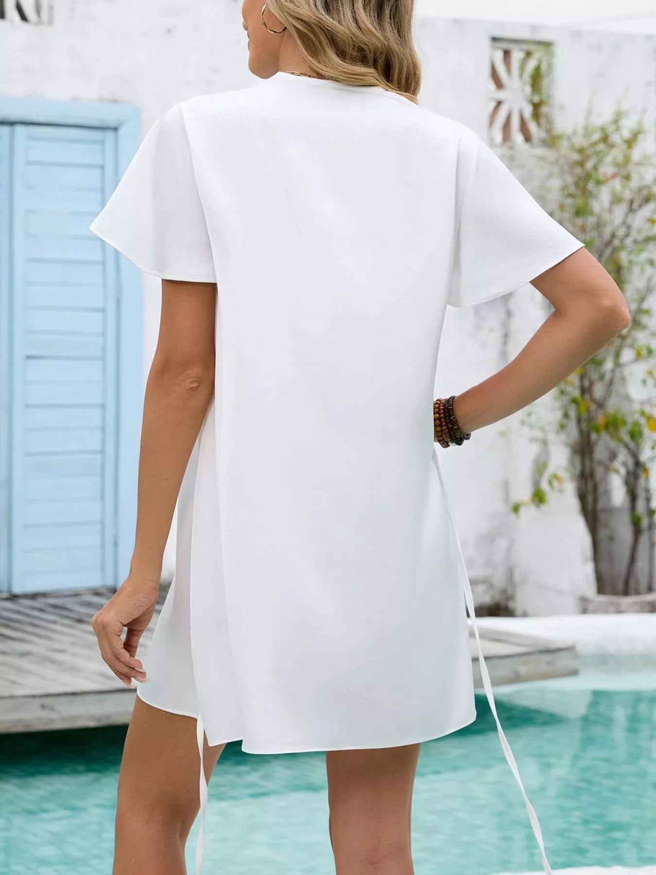Cedar & Moore Notched Flutter Sleeve Mini Dress, white, Trendsi brand