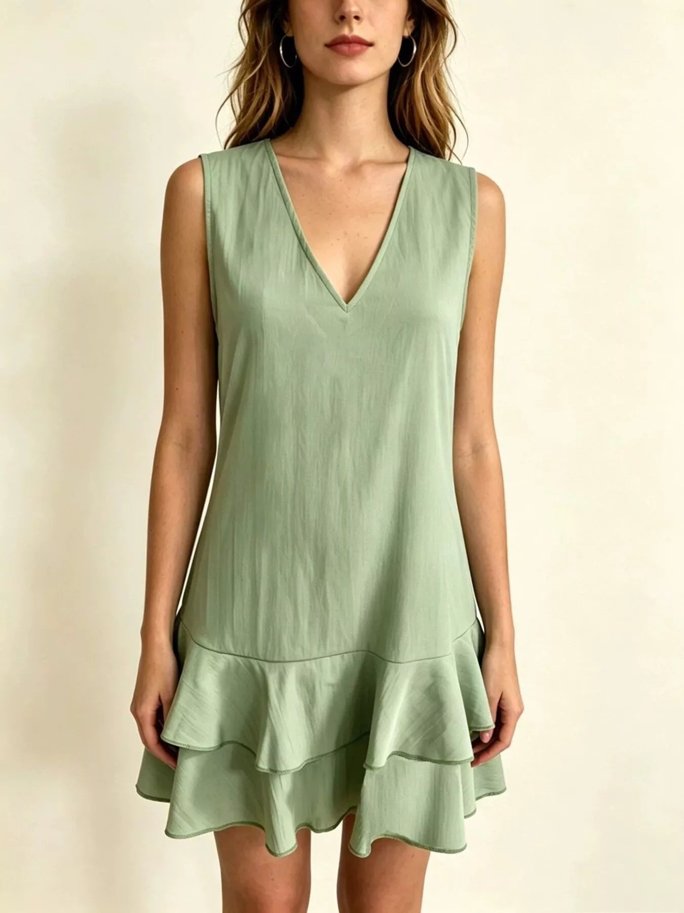 Plus-size sleeveless V-neck tiered ruffle mini dress, light green front