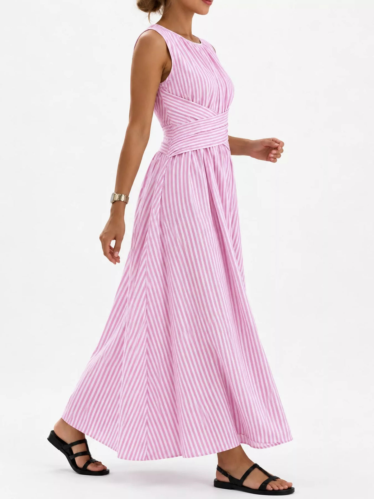 Pink striped sleeveless maxi dress with ruched crisscross waist and flared skirt