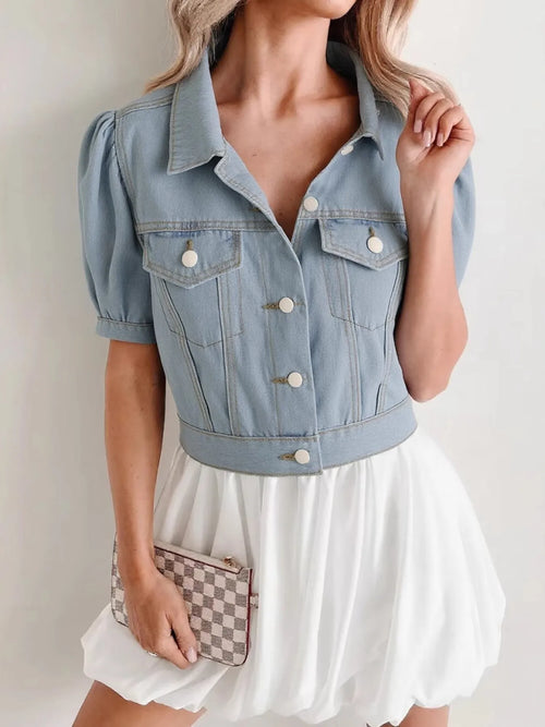 Light blue cropped denim jacket, puff sleeves, button front, flap chest pockets