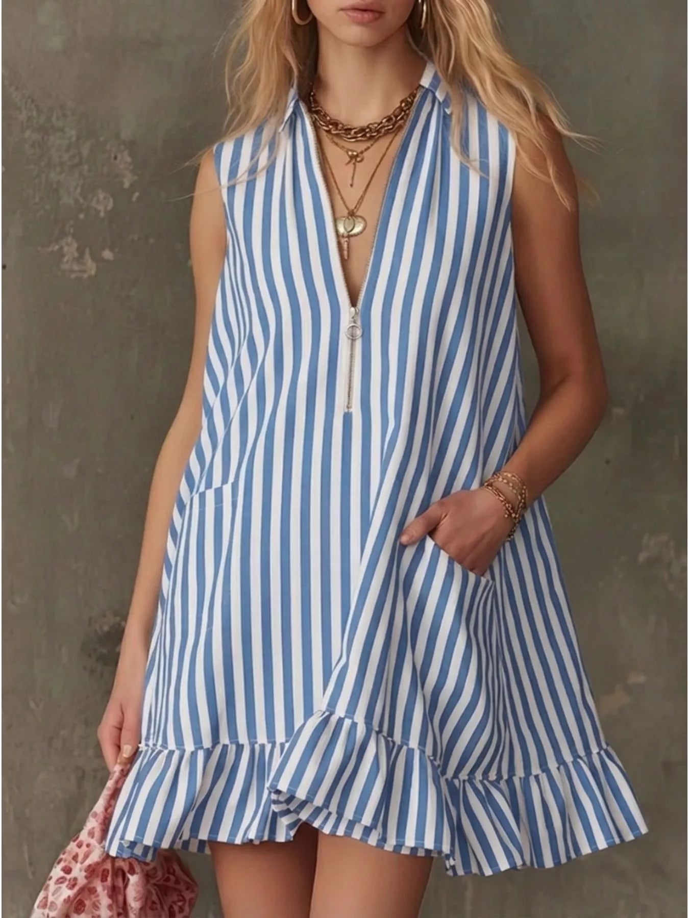 Sleeveless striped dress with front zipper and ruffle hem, sky blue and white stripes