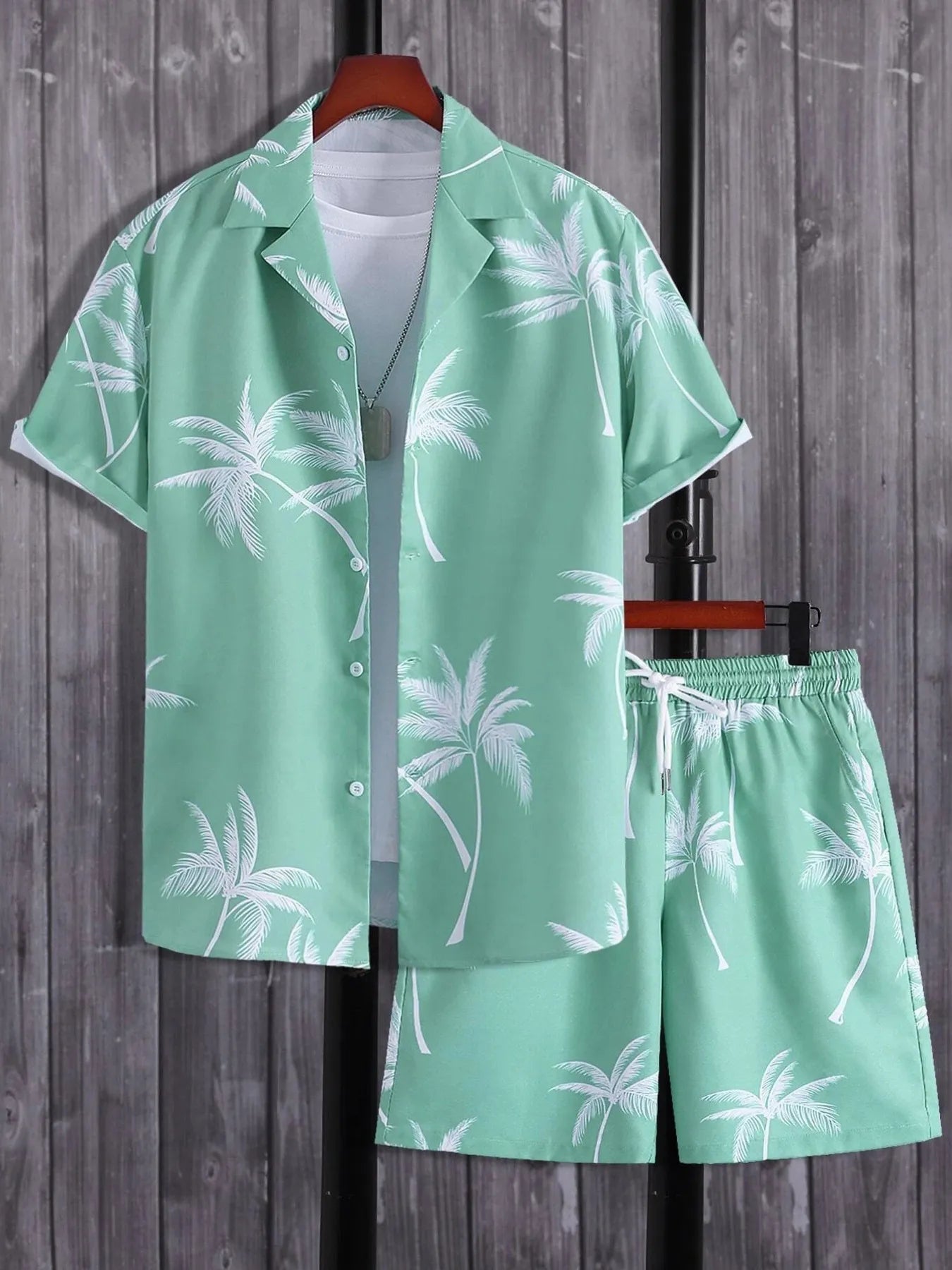 Green palm print button-up shirt and matching shorts set