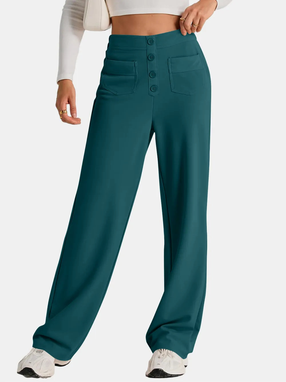 High-waist wide-leg pants, deep teal, button front, side pockets