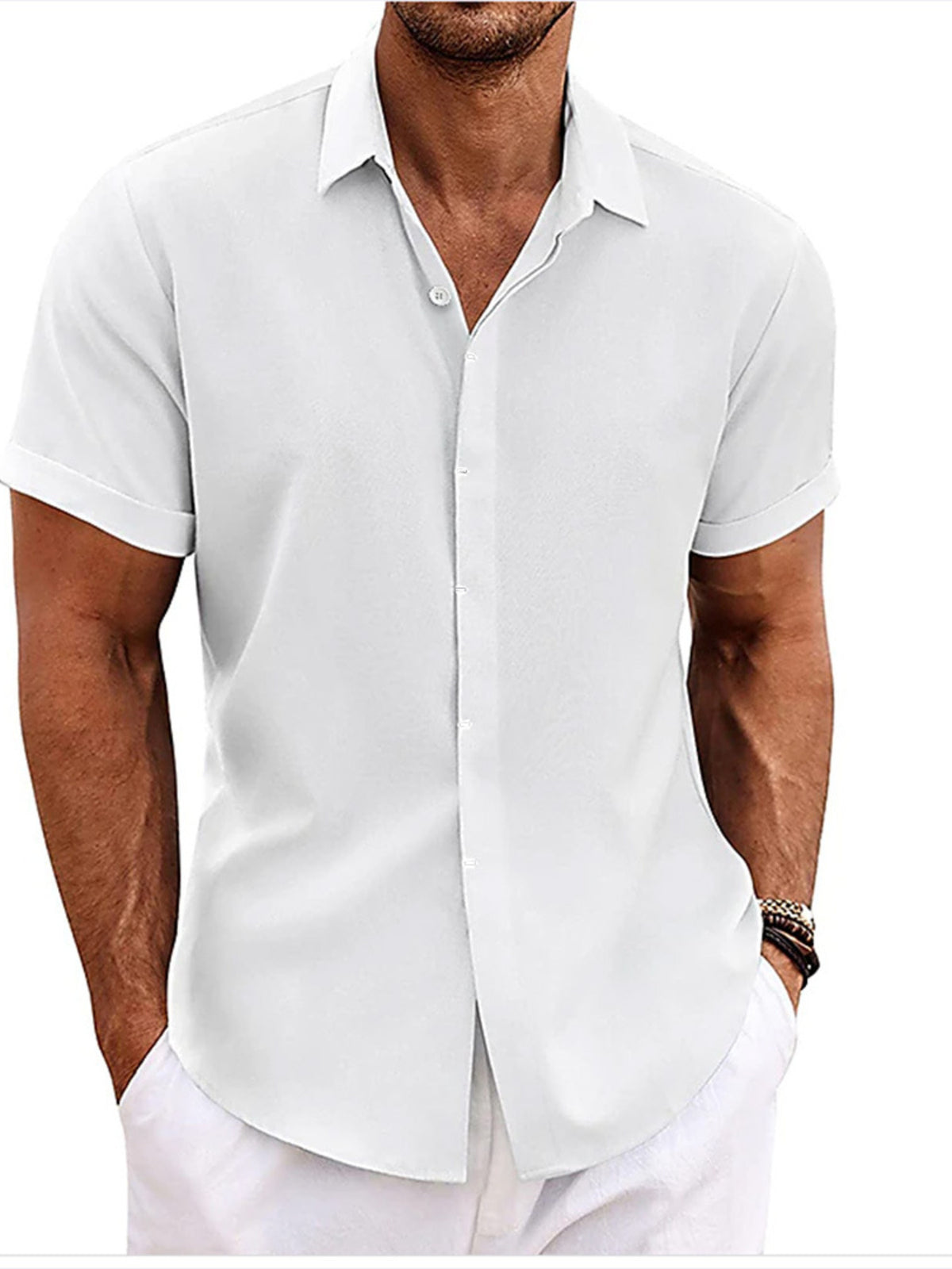 Men's white short-sleeve button-down shirt with collar and front button placket
