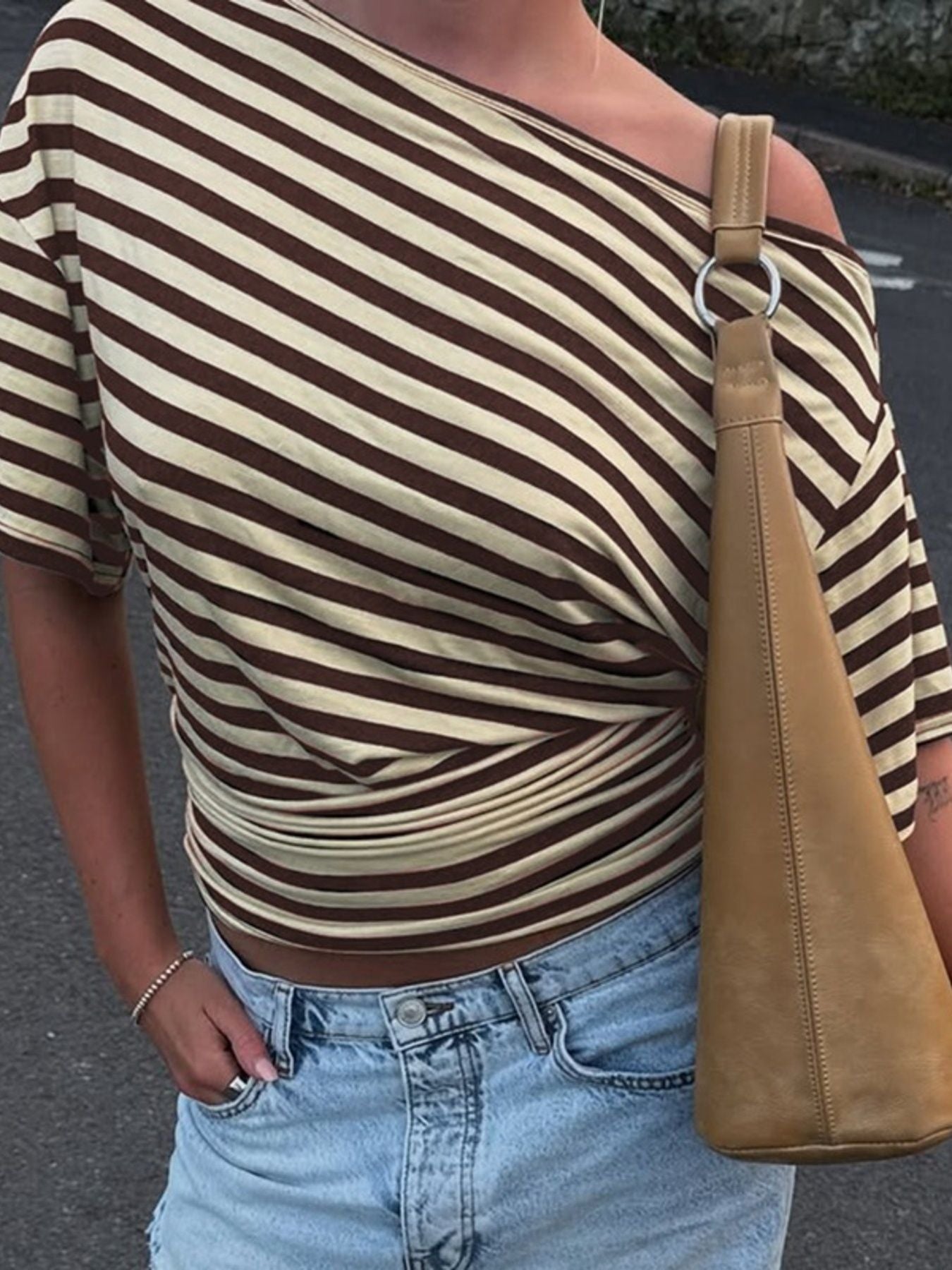 Cedar & Moore Striped one-shoulder t-shirt in brown and cream by Trendsi