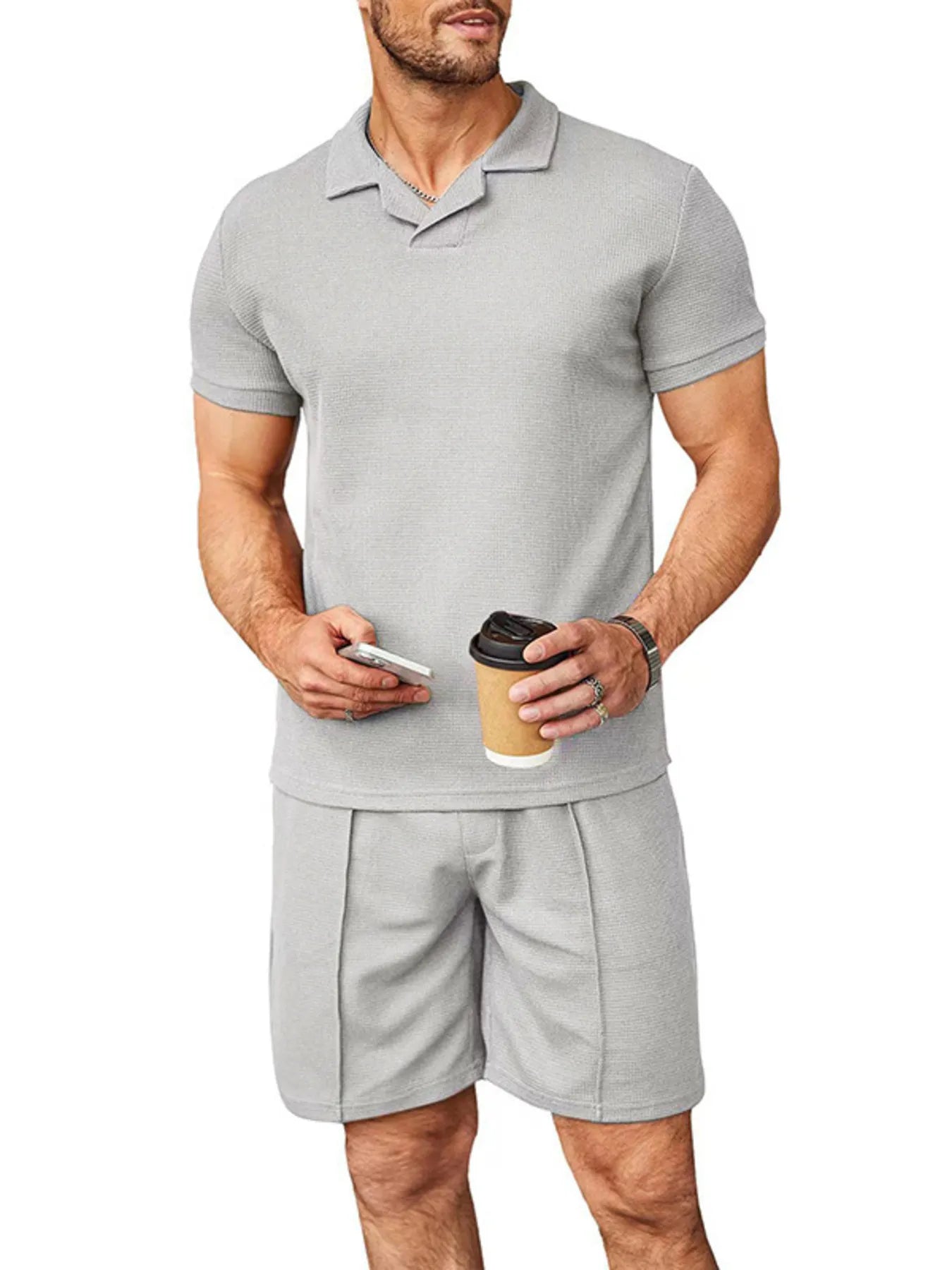 Men's plus size short-sleeve top and shorts set, gray polo and matching shorts