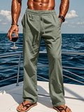 Loose-fit drawstring pants in gray green, elastic waistband and straight legs