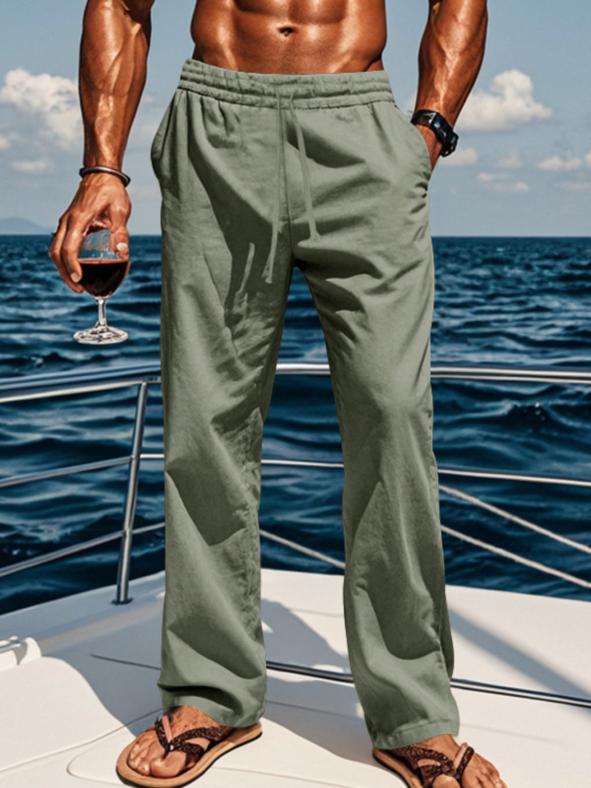 Loose-fit drawstring pants in gray green, elastic waistband and straight legs