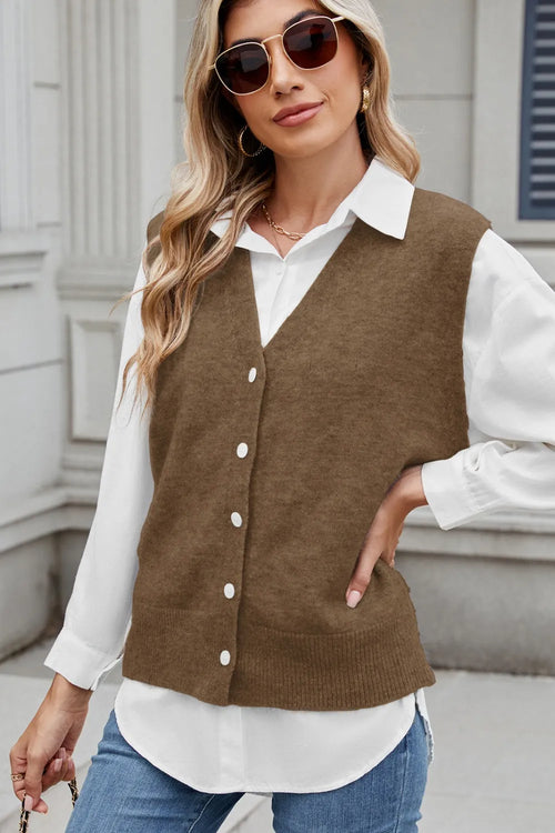 Taupe button V-neck sweater vest with front patch pocket and four buttons
