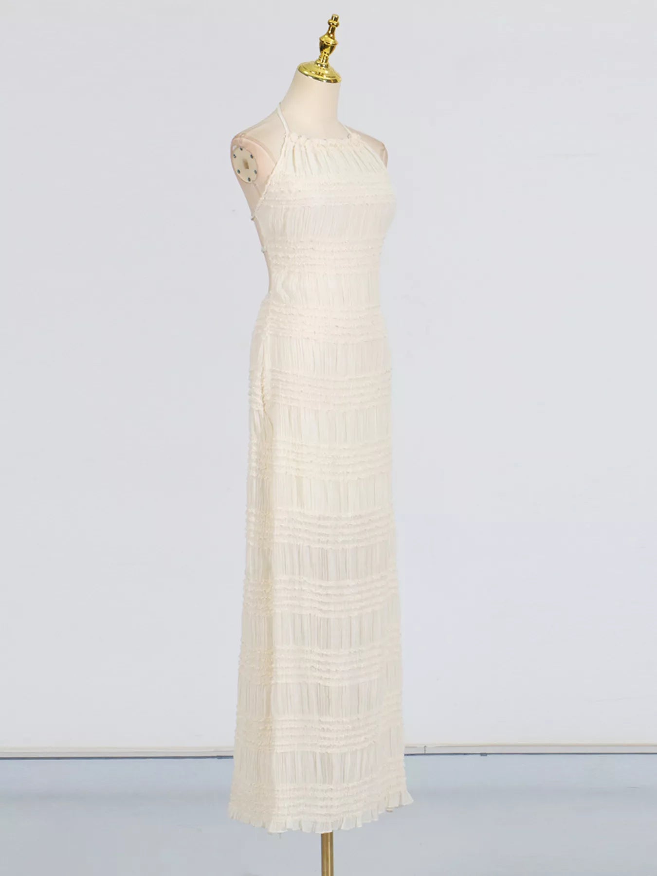 Cedar & Moore Ruched halter neck maxi dress in ivory with tied smocked detailing