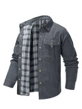 Men's snap-front long-sleeve jacket in dark gray with plaid lining and chest flap pocket
