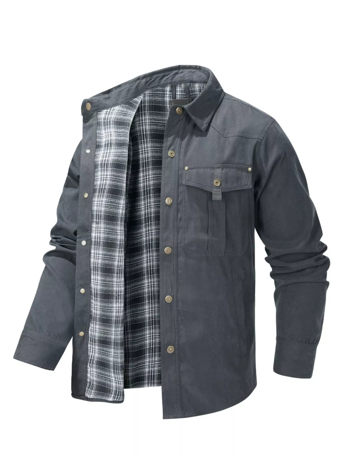 Men's snap-front long-sleeve jacket in dark gray with plaid lining and chest flap pocket