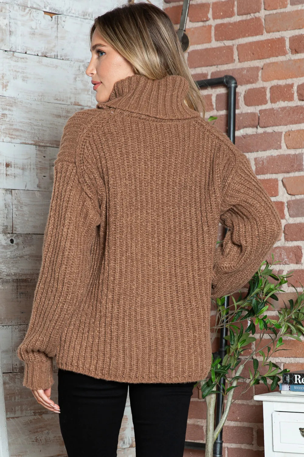 Brown turtleneck pullover sweater, dropped shoulder knit with ribbed cuff details