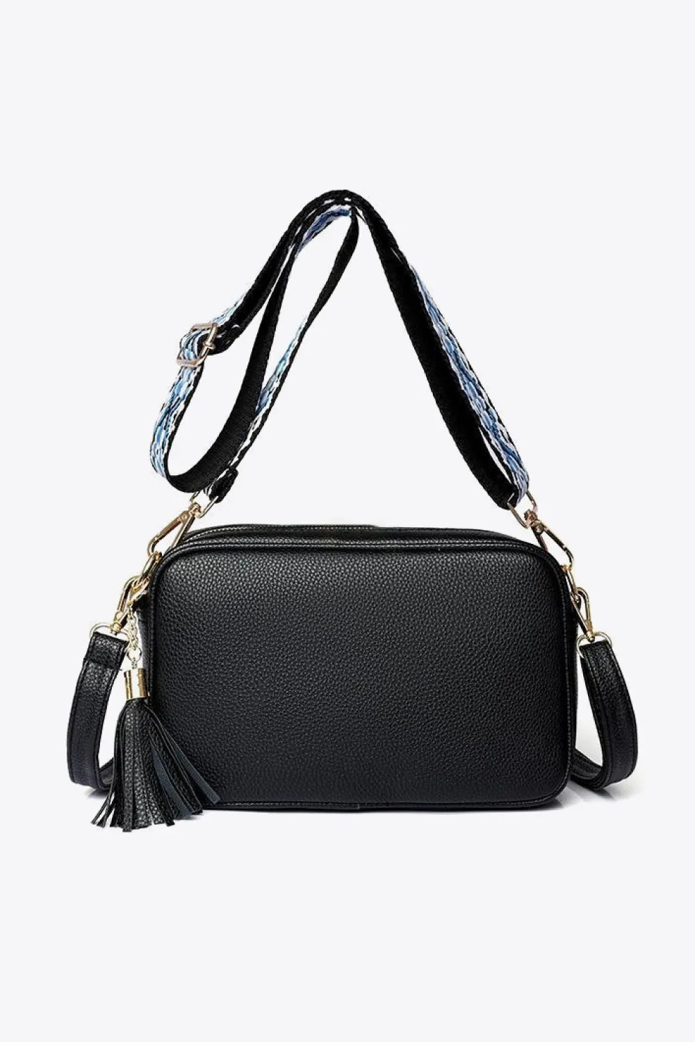 PU leather tassel crossbody bag, black with tassel detail, gold-tone hardware, and handles