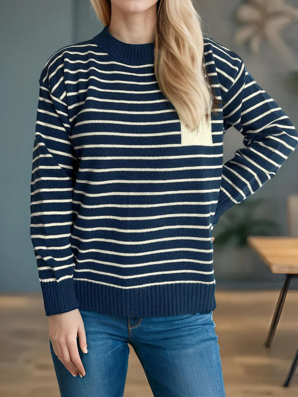 Striped mock neck long-sleeve sweater in navy with cream horizontal stripes