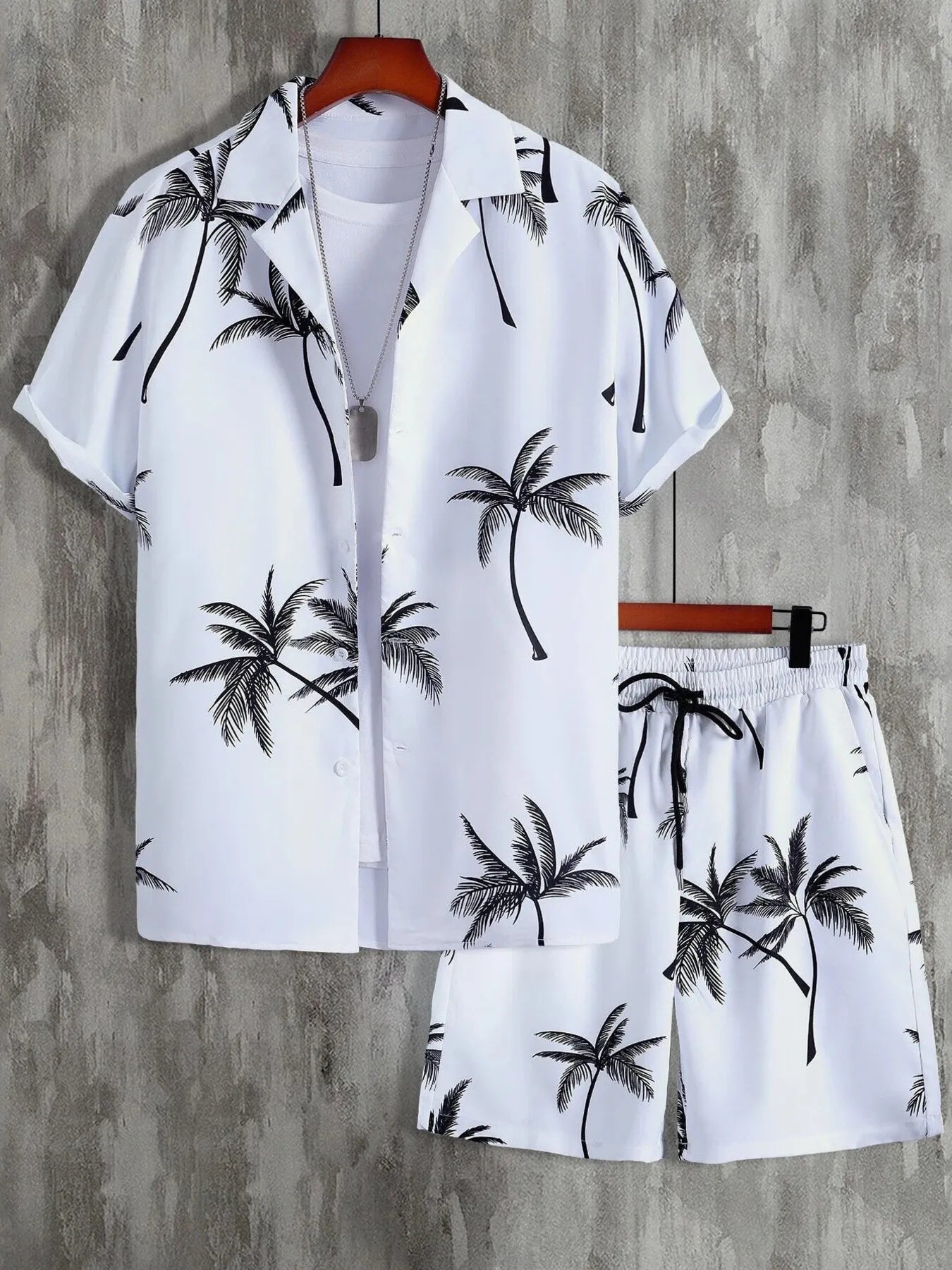Men's palm print button-up shirt and shorts set, white with black palm tree print.