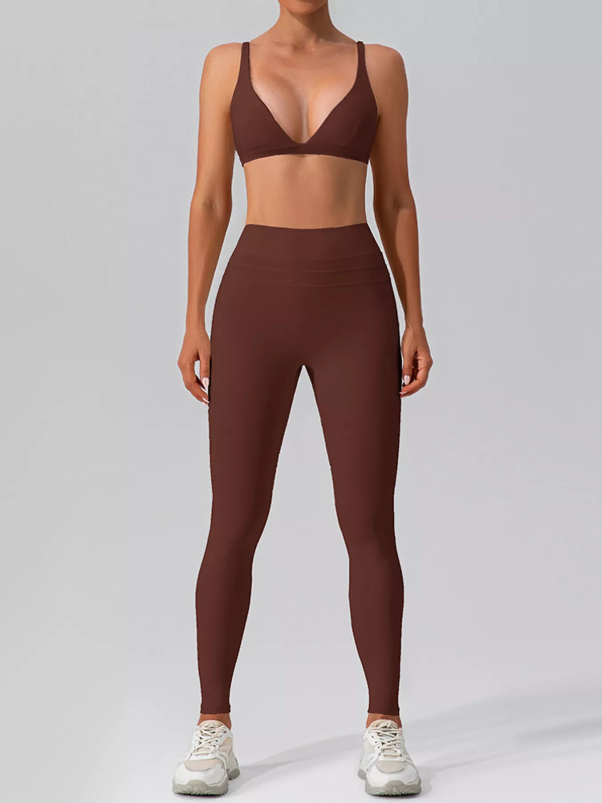 Mocha-brown seamless V-neck tank and high-waisted leggings set, front view