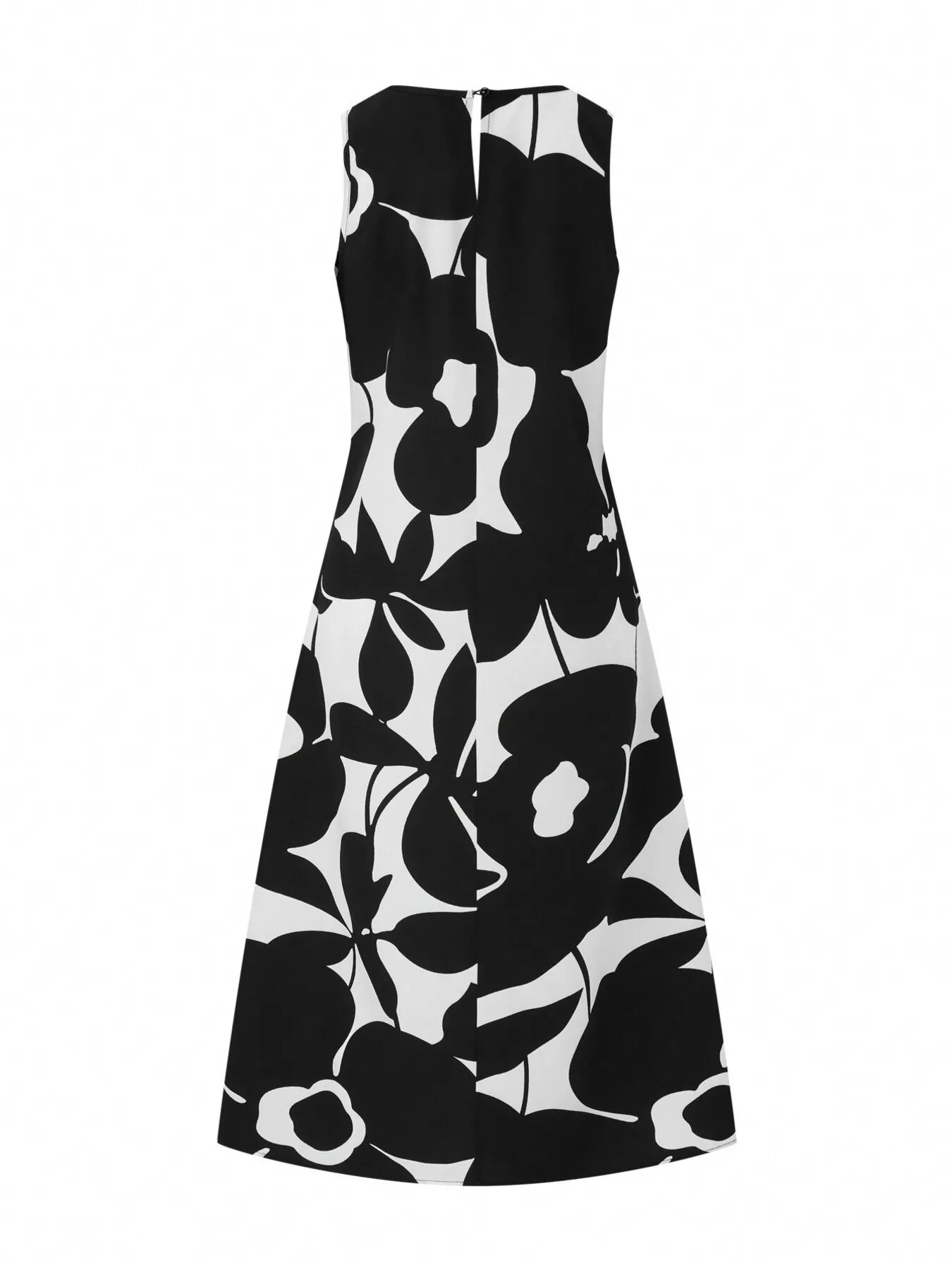 Black and white floral sleeveless maxi dress, back view