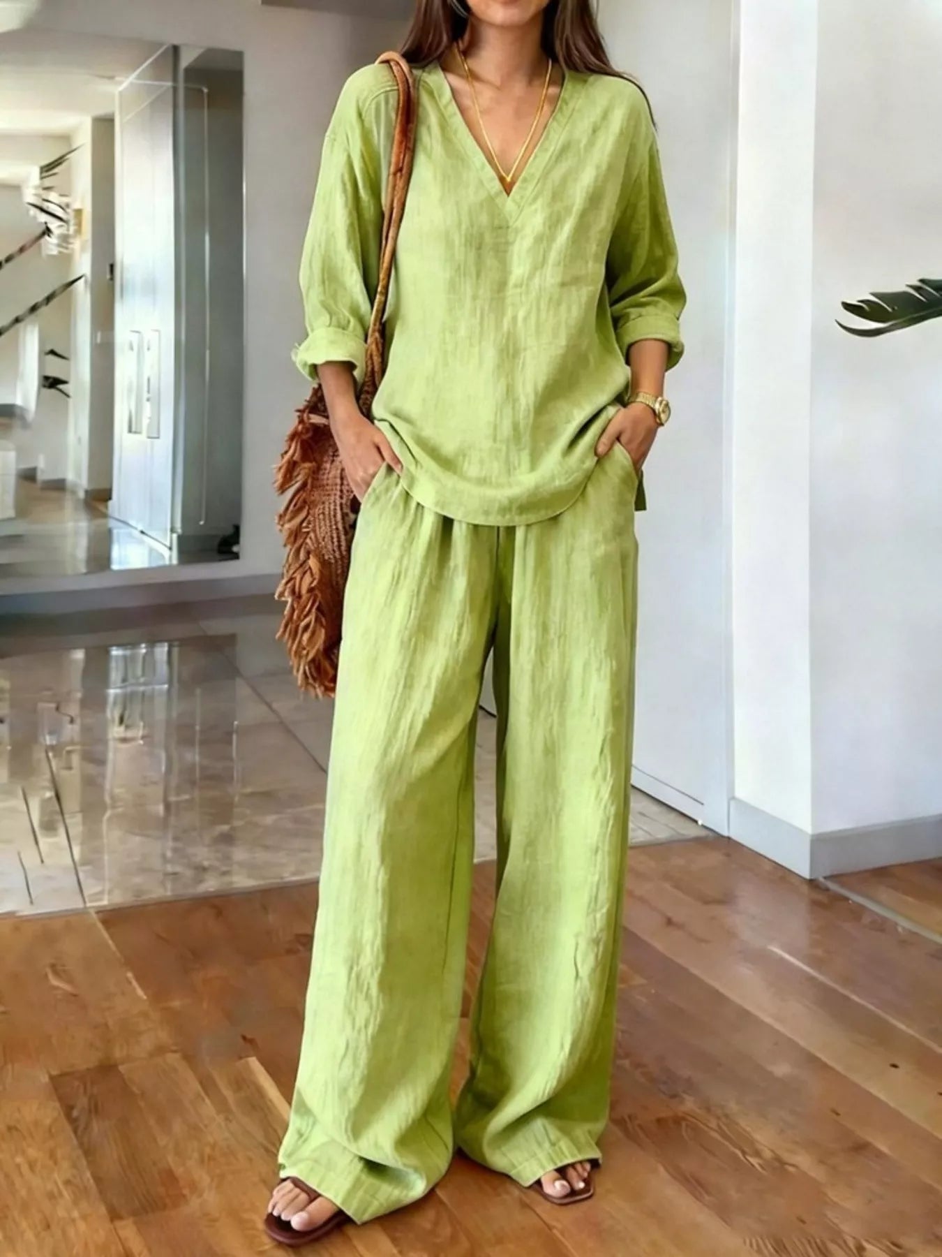 V-neck top and wide-leg pants set in lime green, loose V-neck top and trousers