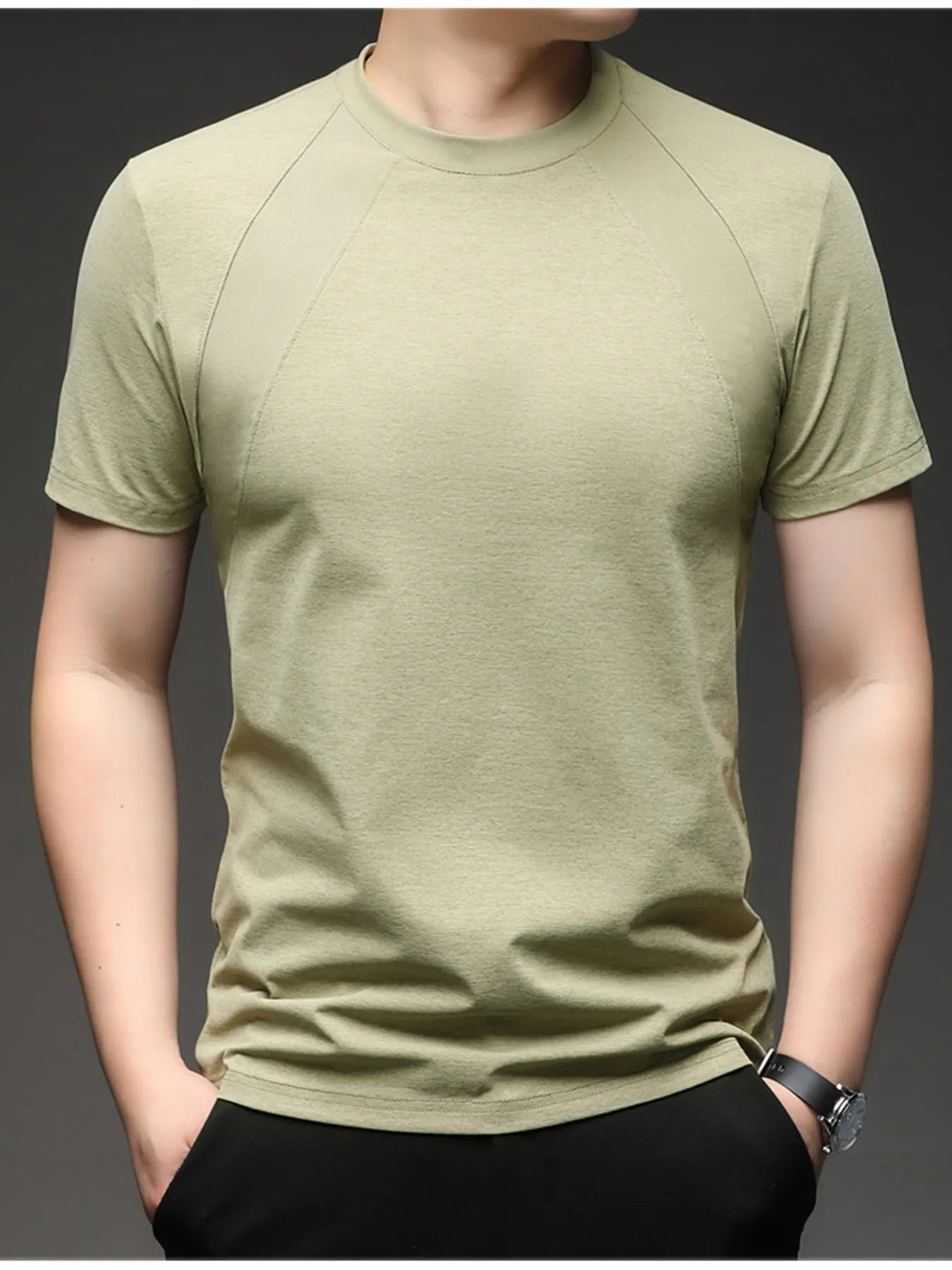 Men's plus size raglan crew-neck T-shirt in matcha green, short sleeves, contrast seaming