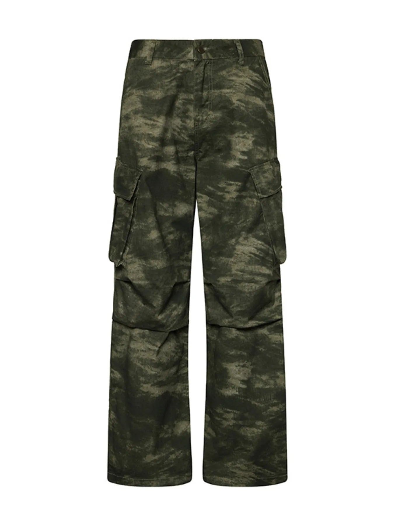 Green camouflage cargo pants with patch and flap cargo pockets