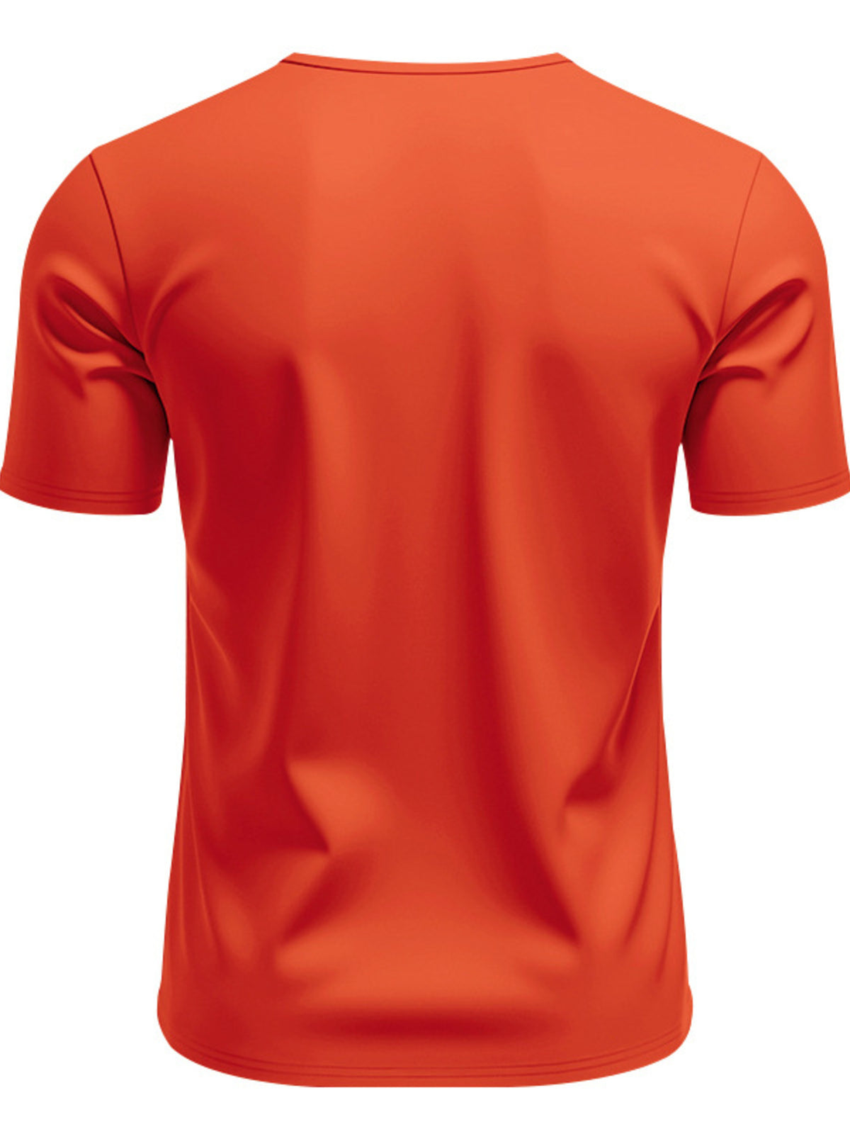 Men's orange stretch V-neck tee shirt, back view with short sleeves and smooth fit.