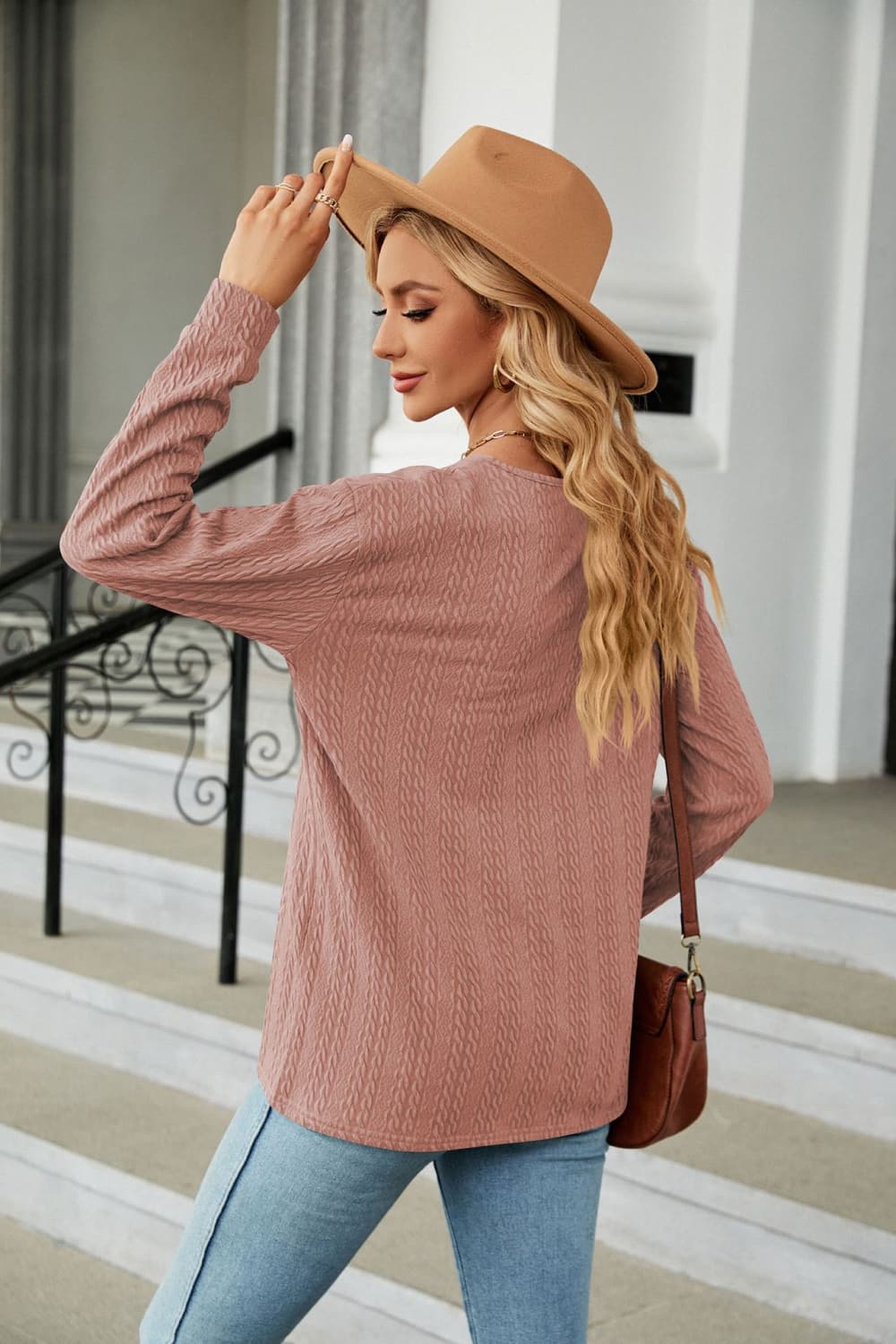 Cedar & Moore Decorative Button V-Neck Long Sleeve T-Shirt in dusty rose, textured knit top by Trendsi