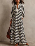 Black-and-white striped long-sleeve maxi dress with V-neck and button front