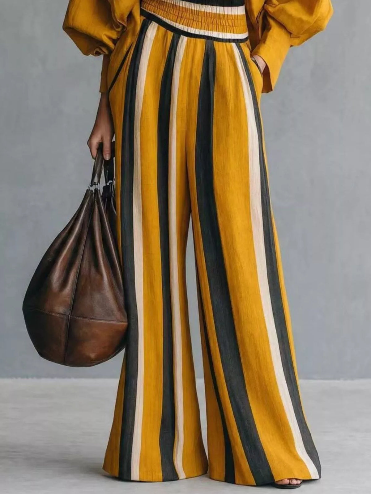 Mustard striped wide-leg pants with smocked waistband and mock-neck top two-piece set