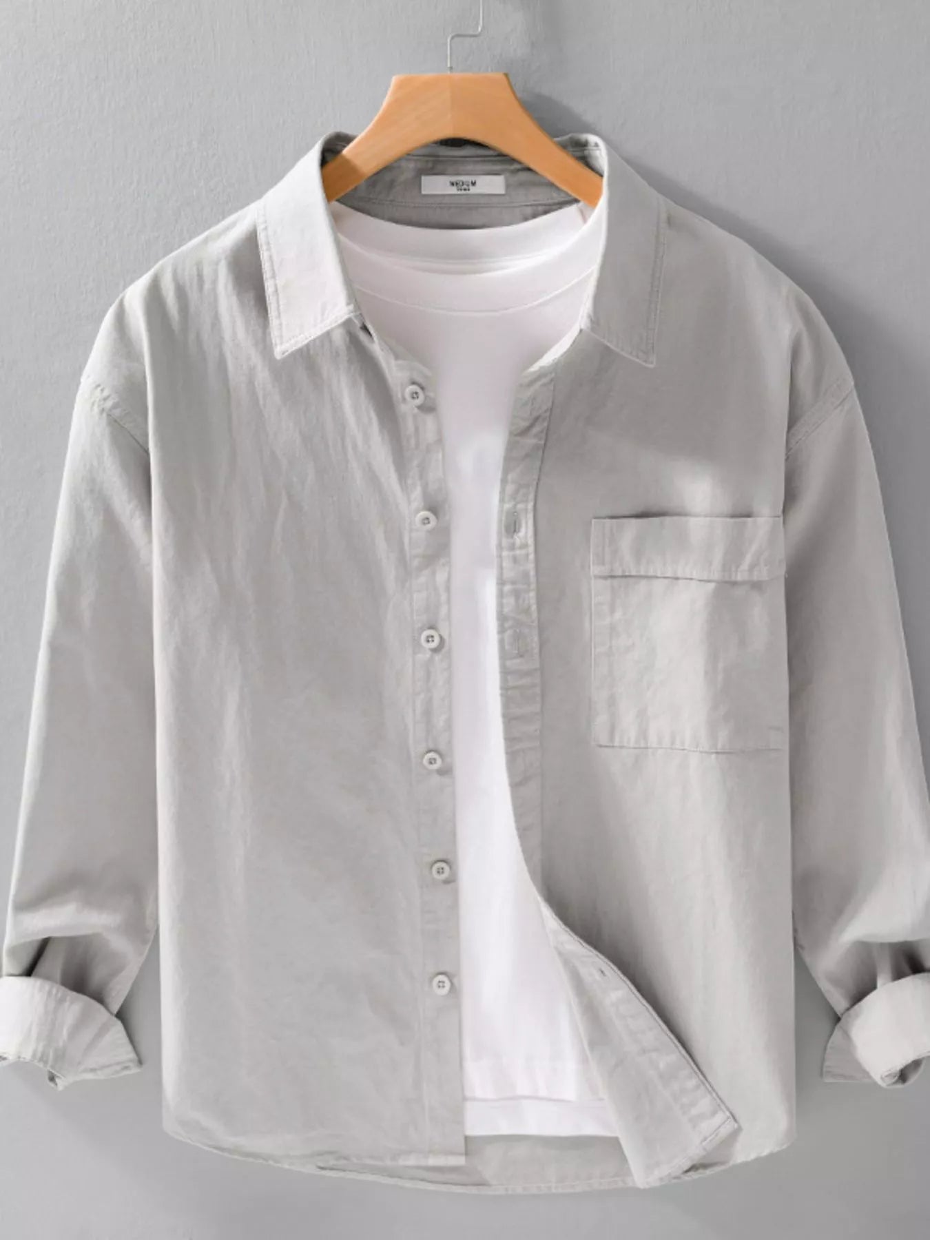 Men's plus size long-sleeve button-up shirt, light gray, chest pocket and button front