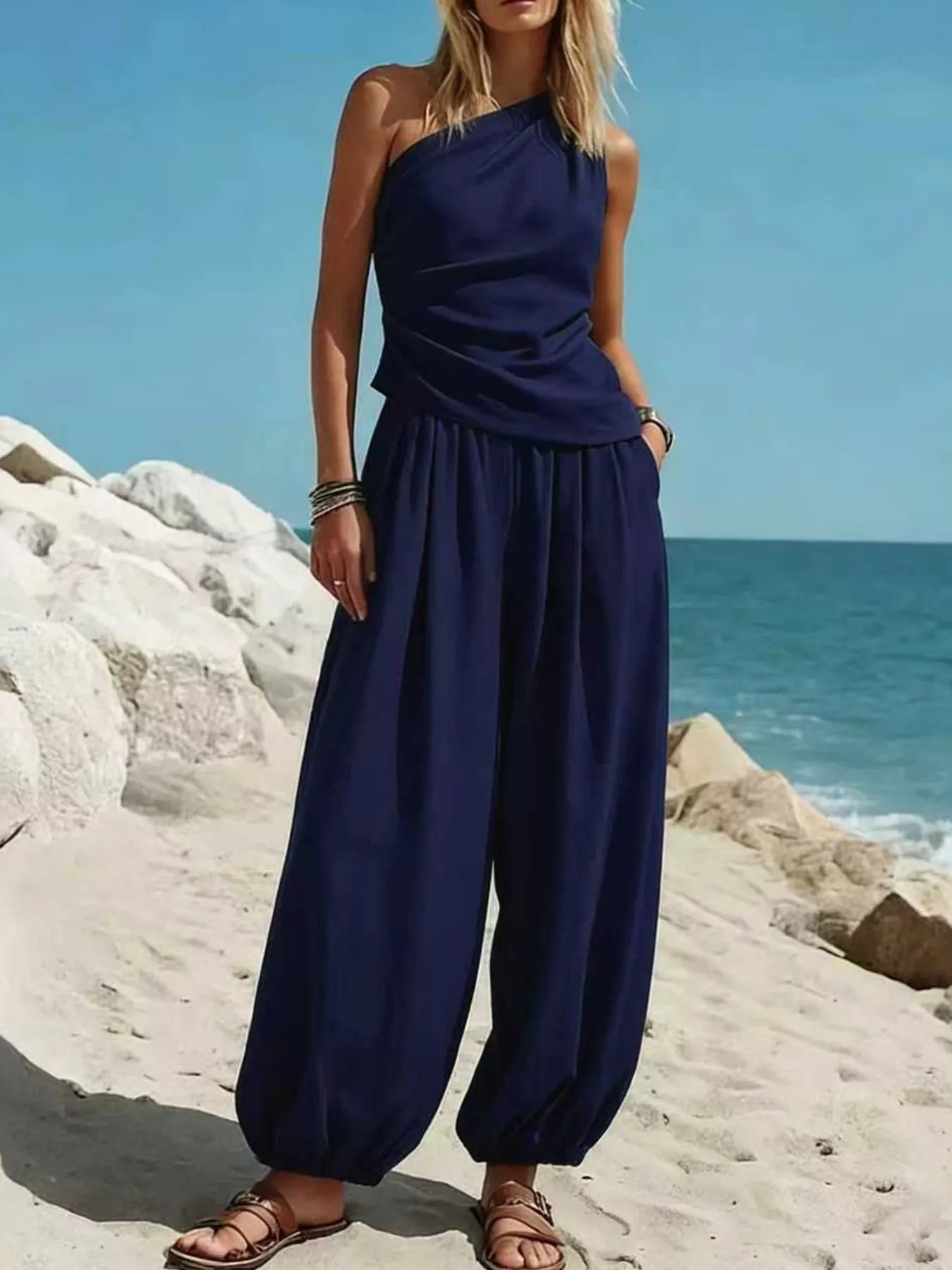 One-shoulder top and wide-leg pants set, navy blue; gathered waist and flowy wide legs