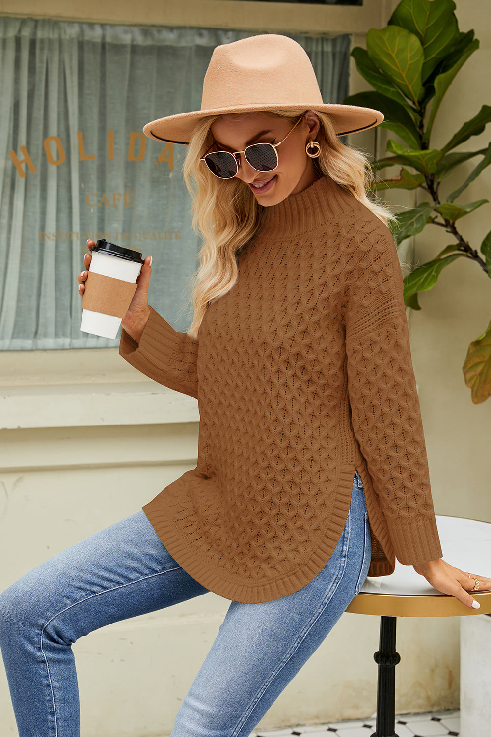 Caramel mock neck long-sleeve sweater with textured diamond knit, side view