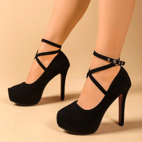Black ankle strap high heel pumps with crisscross straps and buckle detail