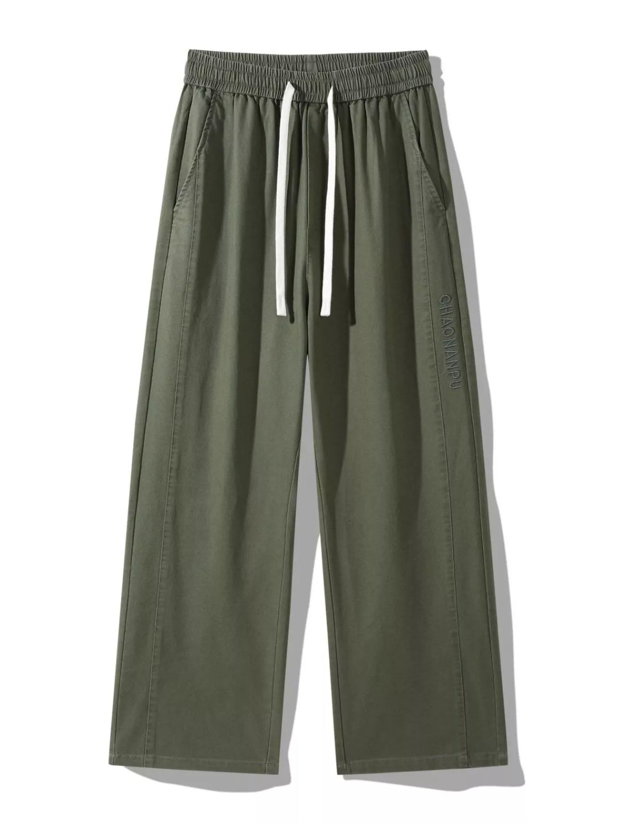 Mens army green wide-leg drawstring pants, flat lay showing elastic waist and pockets