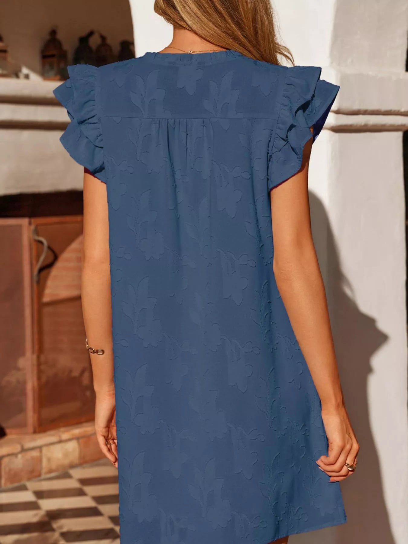 Floral embossed ruffle sleeve blue mini dress by Trendsi