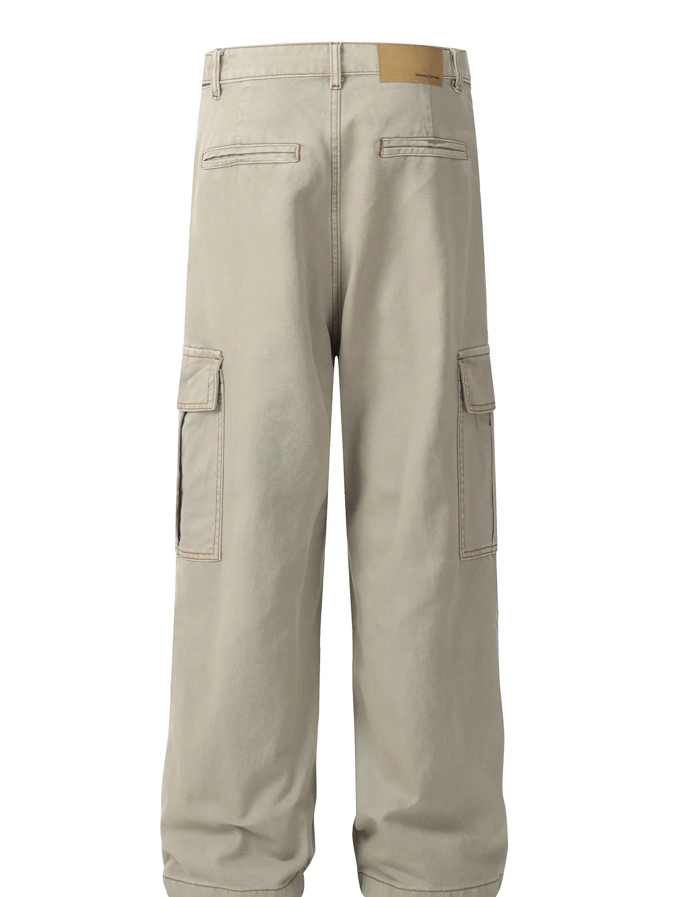 Khaki wide-leg cargo jeans, back view with two flap cargo pockets