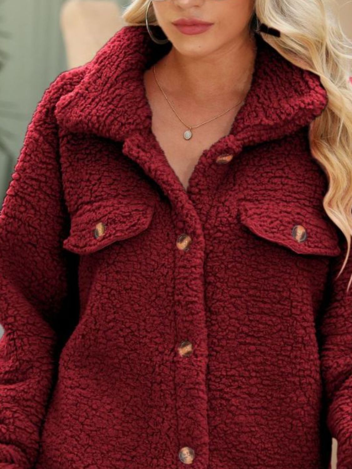 Wine red textured collared coat with button placket and chest pocket flaps