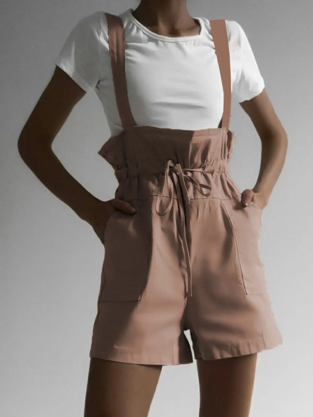Cedar & Moore Drawstring Wide Strap Overalls with Pockets in blush beige