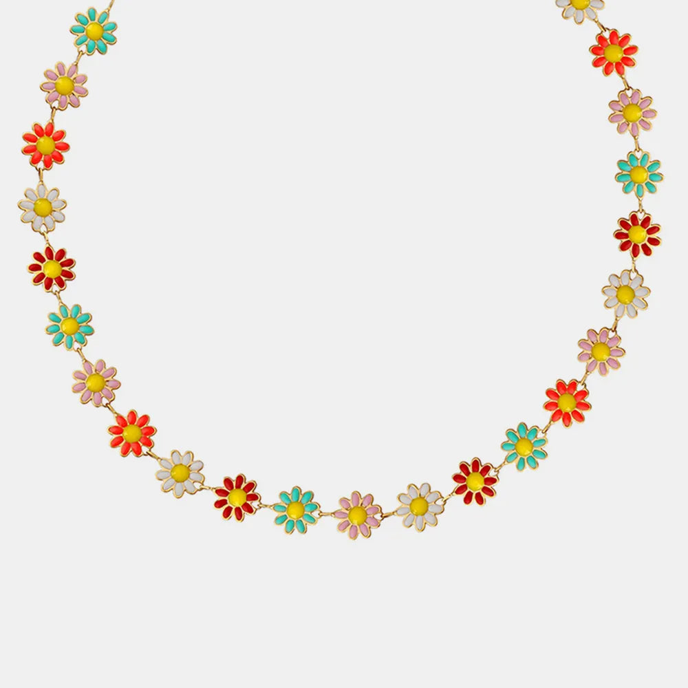Flower necklace with multicolor enamel daisies on gold-tone chain