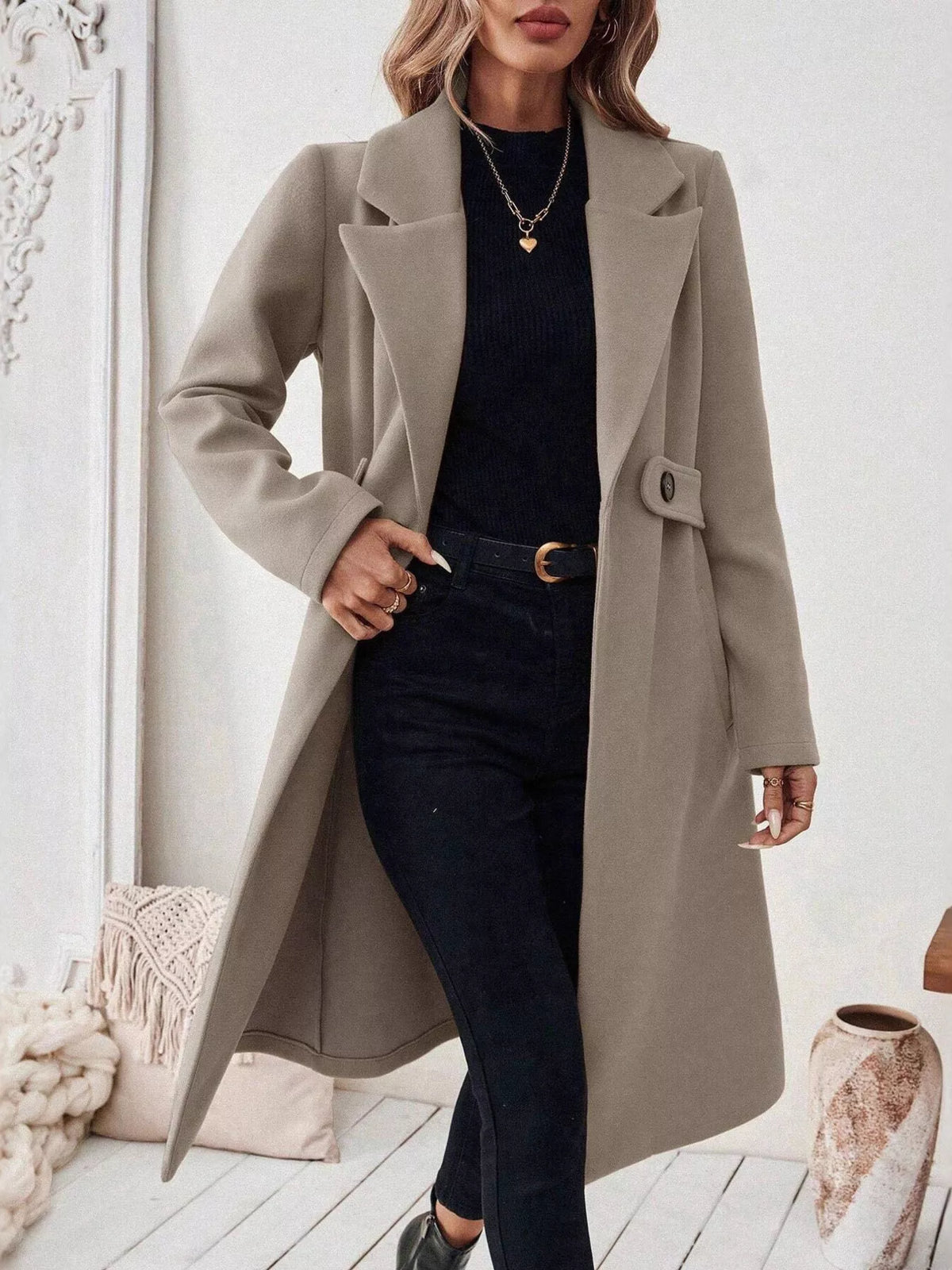 Camel longline winter coat with lapel collar, button-front and side pockets