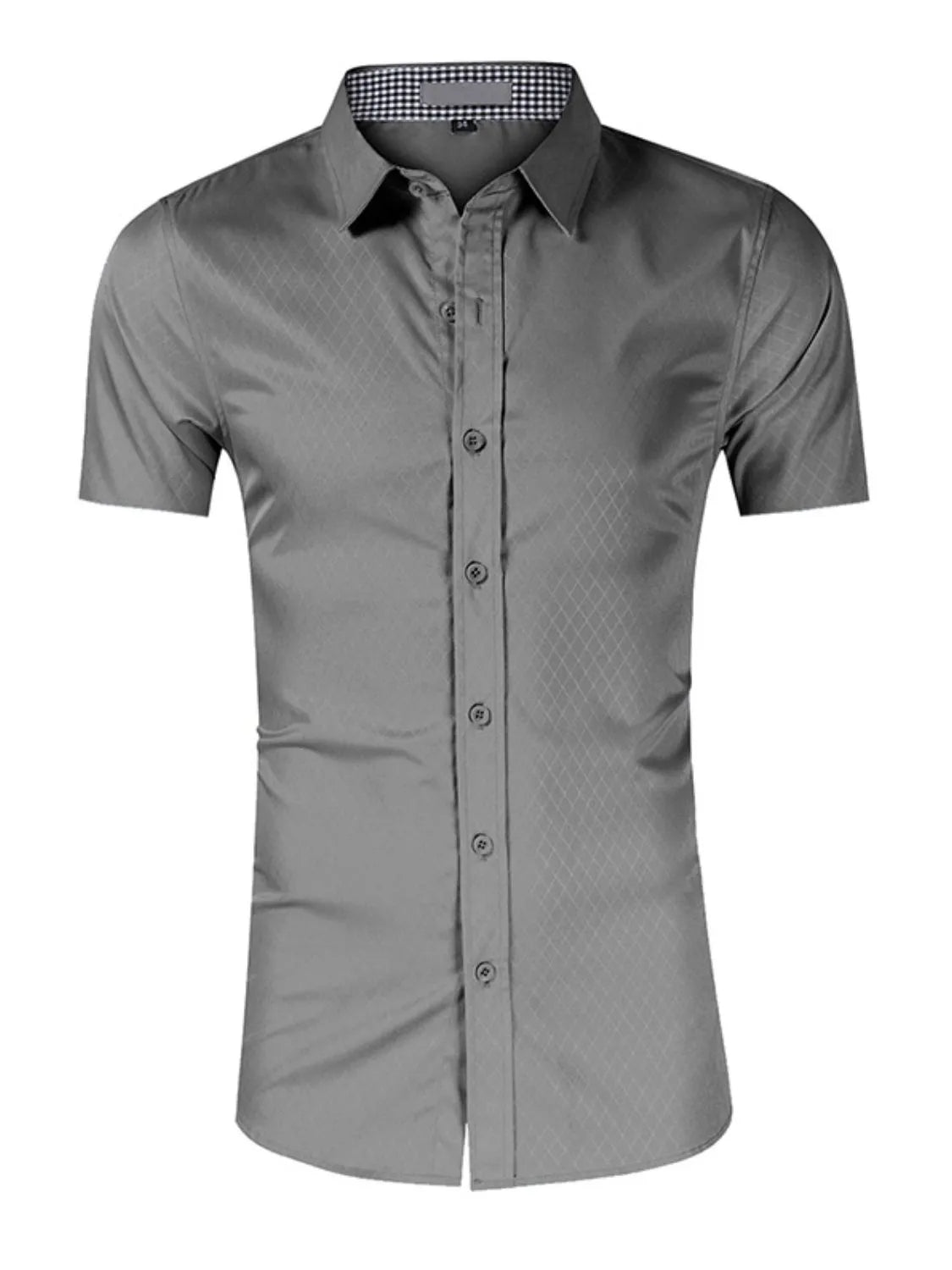 Men's collared short-sleeve shirt, gray micro-pattern with button front.