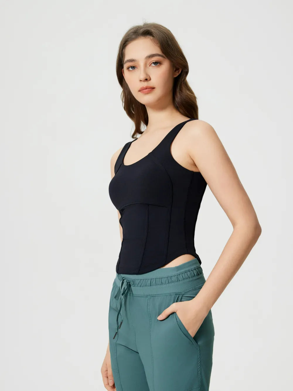 Black active tank top with wide straps and contoured bust panel