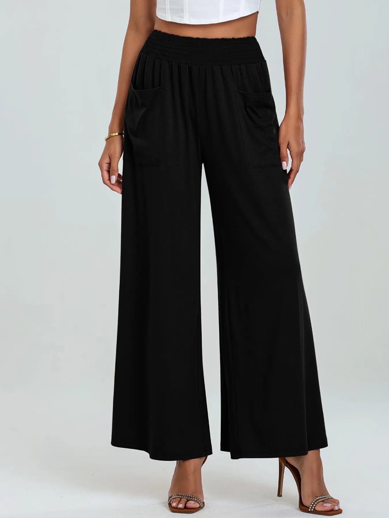 High-waisted wide-leg pants, black, elastic waistband, side pockets
