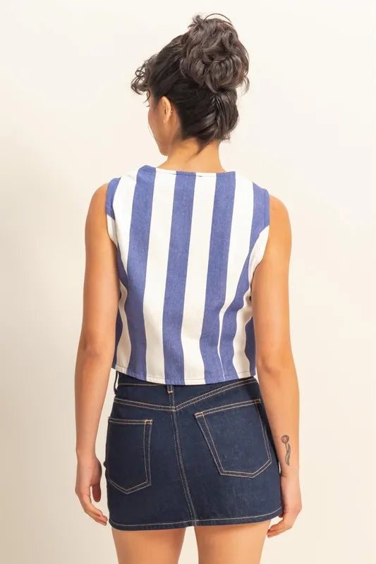 Woven striped sleeveless vest with V-neck, indigo and cream back view