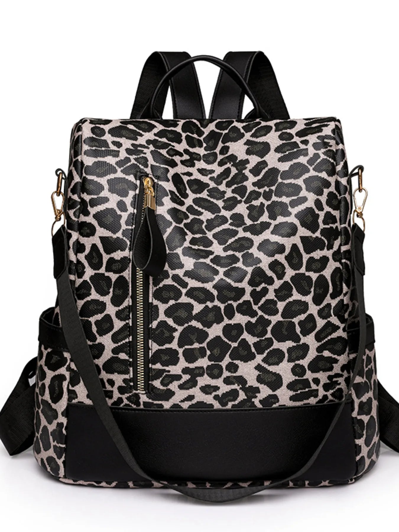 Leopard print backpack with black top handles, front zip pocket, and gold-tone zipper pulls.