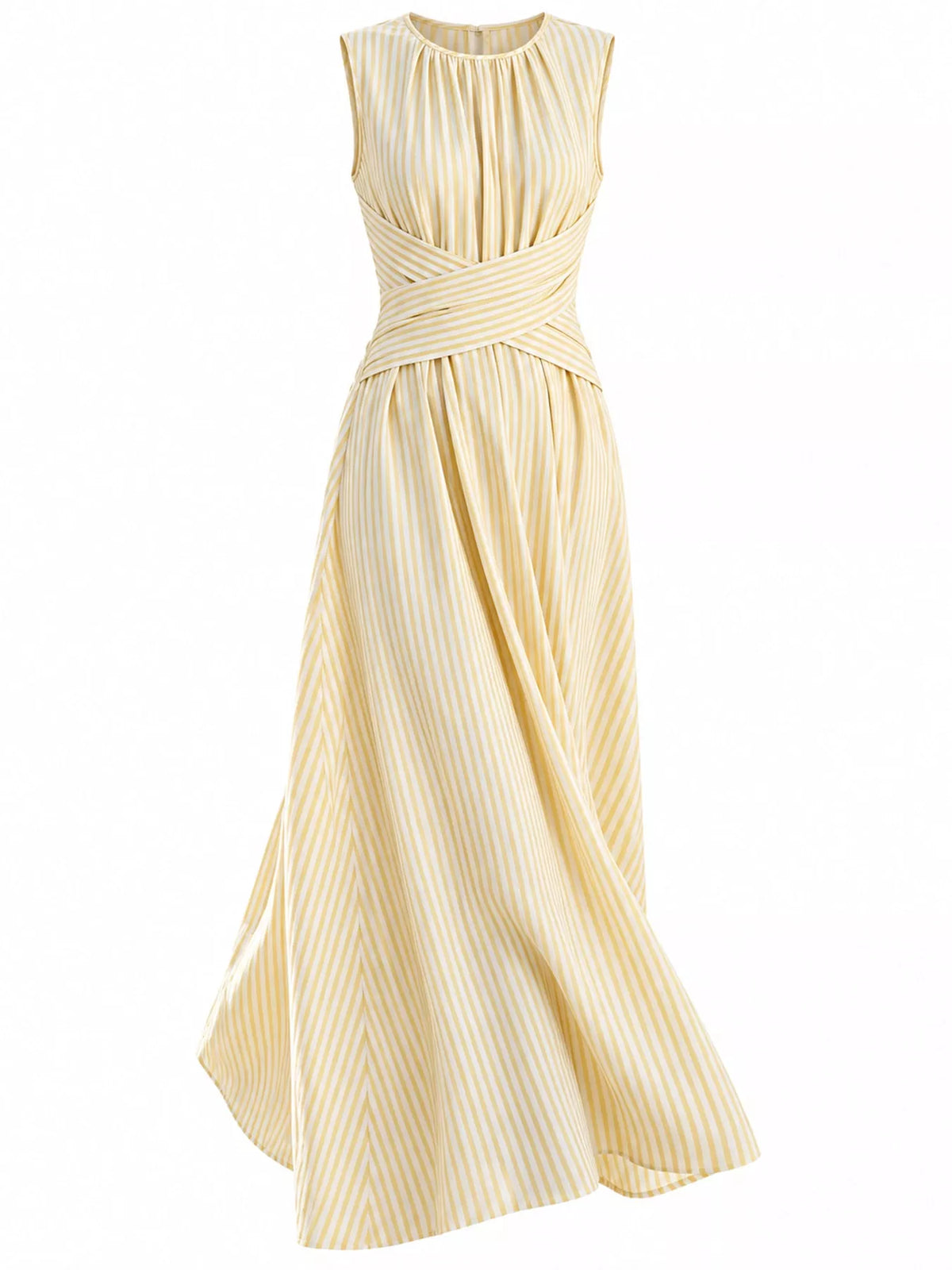Light yellow striped sleeveless maxi dress with crisscross waist and asymmetrical drape